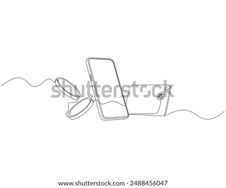 Continuous one line drawing of smartphone and credit card. One line drawing illustration of phone and bank card. Electronic money, E-commerce concept continuous line art. Editable outline.