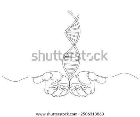 Continuous one line drawing of hand holding DNA. One line drawing illustration of human DNA. World science day concept line art. Editable outline