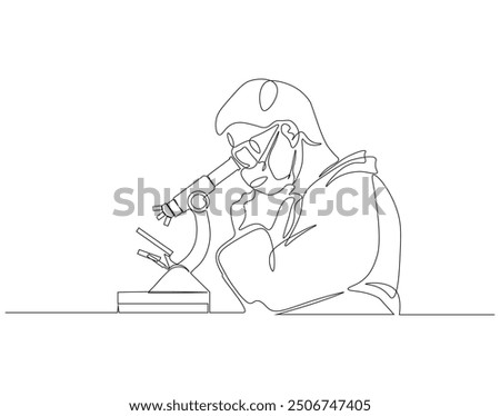 Continuous one line drawing of scientist using microscope in laboratory. One line drawing illustration of scientist with microscope. World science day concept line art. Editable outline.