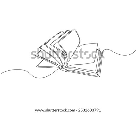 Continuous one line drawing of opened book. One line drawing illustration of world book day. Education and knowledge concept line art. Editable outline