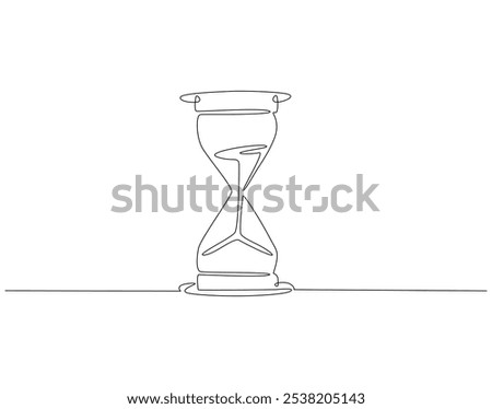 Continuous one line drawing of hourglass. One line drawing illustration of hourglass with flow sand. Retro timer, vintage clock concept line art. Editable outline