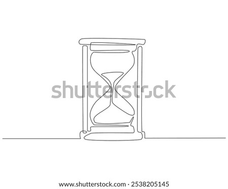 Continuous one line drawing of hourglass. One line drawing illustration of hourglass with flow sand. Retro timer, vintage clock concept line art. Editable outline