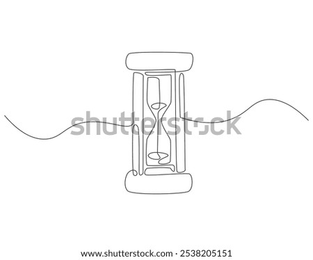 Continuous one line drawing of hourglass. One line drawing illustration of hourglass with flow sand. Retro timer, vintage clock concept line art. Editable outline