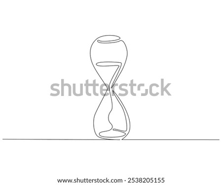 Continuous one line drawing of hourglass. One line drawing illustration of hourglass with flow sand. Retro timer, vintage clock concept line art. Editable outline