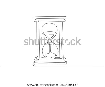 Continuous one line drawing of hourglass. One line drawing illustration of hourglass with flow sand. Retro timer, vintage clock concept line art. Editable outline