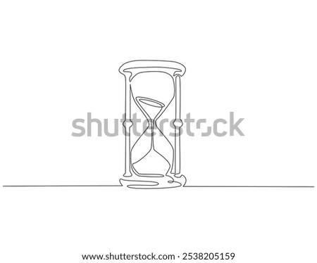 Continuous one line drawing of hourglass. One line drawing illustration of hourglass with flow sand. Retro timer, vintage clock concept line art. Editable outline