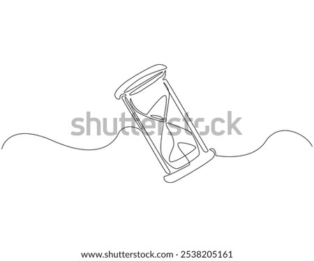 Continuous one line drawing of hourglass. One line drawing illustration of hourglass with flow sand. Retro timer, vintage clock concept line art. Editable outline