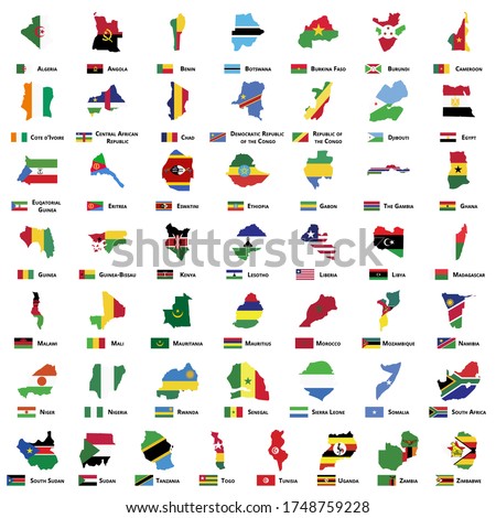 Africa Flag Map pack, African country illustration, vector isolated on white background