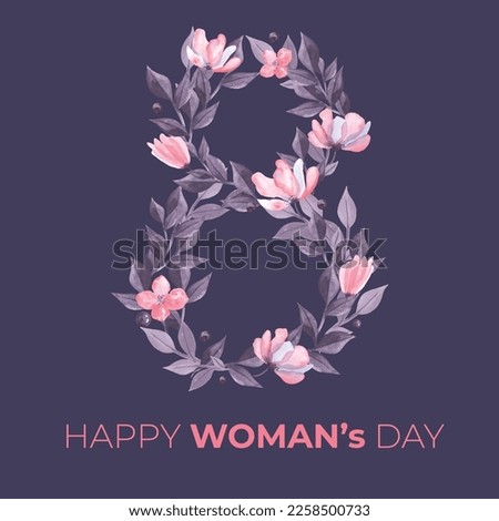 Hand Drawing Watercolor Illustration of March 8th. International Women's Day, Eight. Flowers Number. Abstract pink and violet Watercolor Greeting Card.