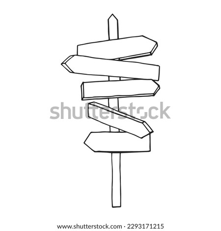 wooden signpost on a tourist route doodle hand drawn. Way sign to summer camp, hiking trail. Guidepost arrow. Sketch isolated vector illustration