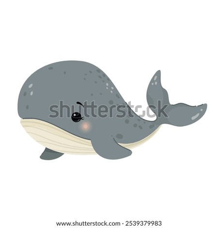 Cute vector whale. Marine mammal with streamlined body. Beautiful flat whale with happy face isolated on white background. Marine animal, underwater blue whale. For web, cards, prints, clothes.