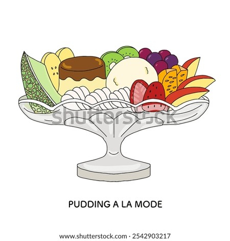 Showa retro pudding a la mode hand-drawn illustration