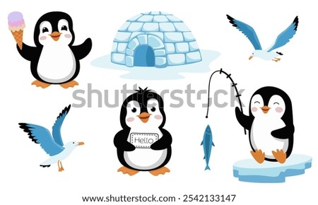 Antarctica illustration. Polar gulls, penguins and igloo.