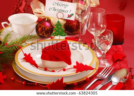 Decoration Of Christmas Table In Red And White Colors Stock Photo ...