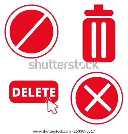 Delete icon set. Containing trash, delete button, cancel, undo, throw and remove icons. Red delete icon collection. Vector illustration.