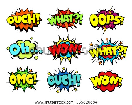 Comic book sound effect speech bubbles, marveling and enjoying expressions