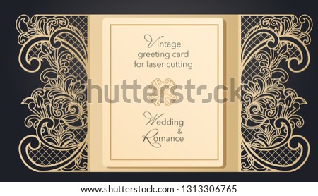 Foldable greeting card gate for laser cutting. Delicate pattern for a wedding, a romantic party. Carved design for menus, covers, folders for presentations.