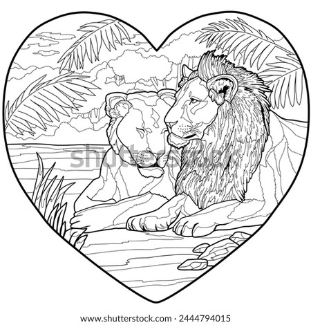 Beautiful two couple lion Animal in the love shape, colouring page