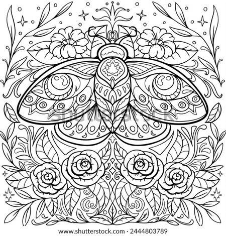 Beautiful butterfly and rose flower, colouring page