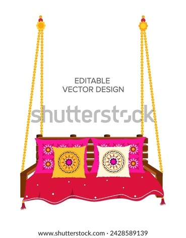 Editable indian wedding decor vector illustration for haldi, mehendi, sangeet ceremony for indian wedding invitation and save the date invite. Jhula vector, colorful pillow illustration, floral decor