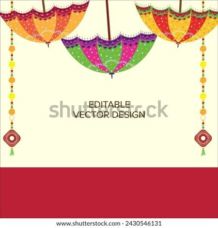 Decorated colorful traditional umbrella vector illustration for Indian wedding haldi mehendi sangeet stage setup decoration background with colorful rajasthani tassle hanging. Indian wedding card 