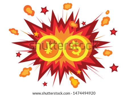 Yuan gold coin crash dollar gold coin on comic effect explosion, representing the trade war between those powers.