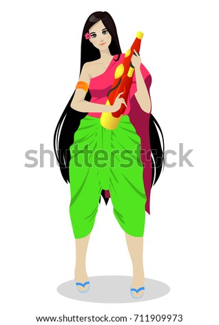 Cute woman in tradition Thai dress hold water gun.Vector illustration.
