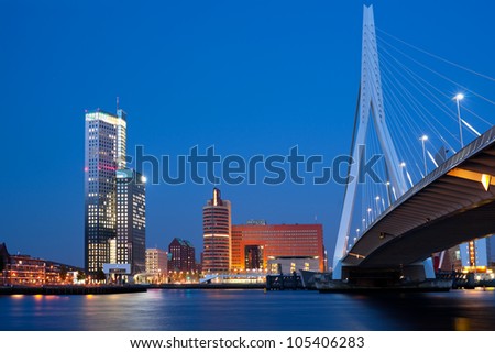 A night view on Erasmus bridge and Nieuwe Maas river in Rotterdam, Netherlands. GPS information is in the file