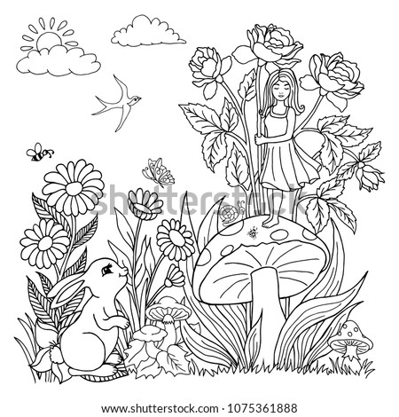 Vector illustration. The hare watches the girl who stands on the mushroom in flowers. Coloring book. Anti Stress for adults and children. The work is done manually. Black and white.