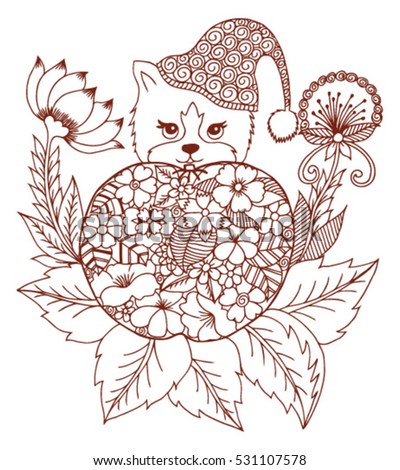 Oriental Vector Illustration Zentagl A Cat Sitting Behind An Apple From Flowers