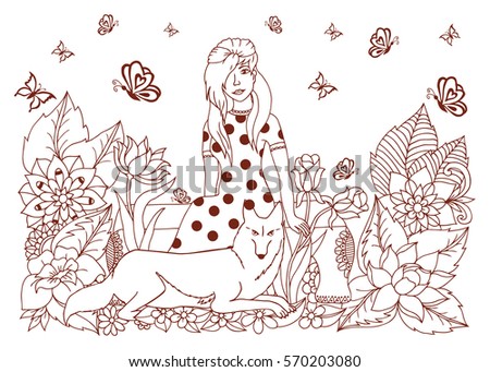 Vector Illustration A Girl Sits On The Bench And At Her Feet Lying Wolf
