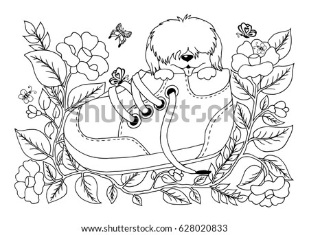 Vector Illustration Of A Zentangl Shaggy Puppy Sitting In Shoe Among The Flowers
