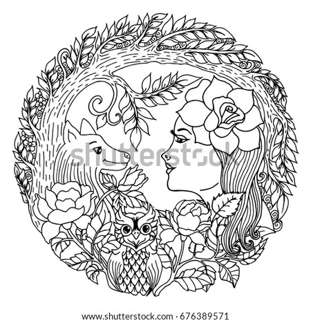 Vector Illustration Zentangl Girl With A Rose Surrounded By Wolf And An Owl