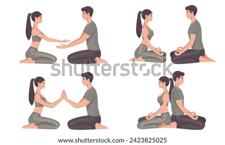 Similar – Image, Stock Photo Focused couple doing yoga in Awkward pose in park