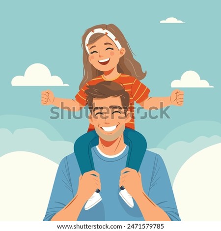 Similar – Image, Stock Photo happy father and daughter walking on summer meadow, having fun and playing. Father’s day, fatherhood concept. Rural living.