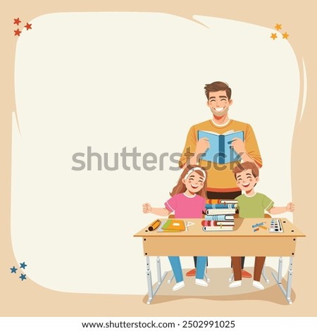 Smiling teacher man with happy students at school desk in classroom. World Teachers' Day concept. Poster, Banner, Flyer, Greeting Card. Vector illustration in flat cartoon style