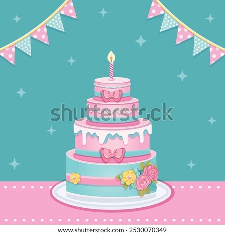 Beautiful colorful four tier Birthday cake with candle, pink bow and flowers. Poster, Banner, Flyer, Greeting Card. Vector illustration in flat cartoon style.