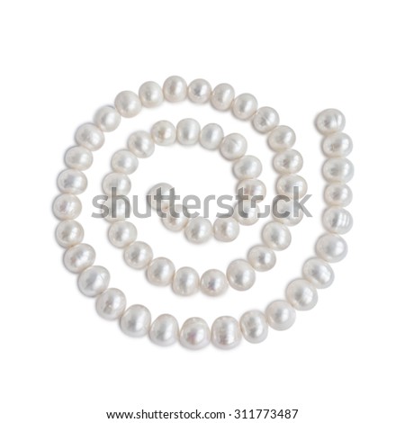 Spiral ornament figure made of pale pearl necklace with shadow, isolated on white background