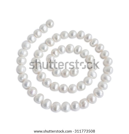 Spiral ornament figure made of pale pearl necklace with shadow, isolated on white background