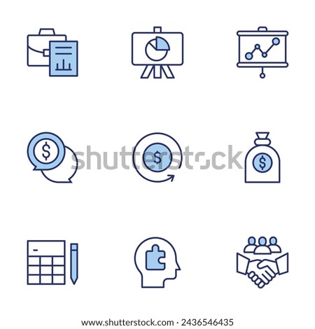 Business icon set. Duo tone icon collection. Editable stroke. Vector illustration. handshake, money bag, line graph, calculator, briefcase, money, results, refresh, puzzle piece.