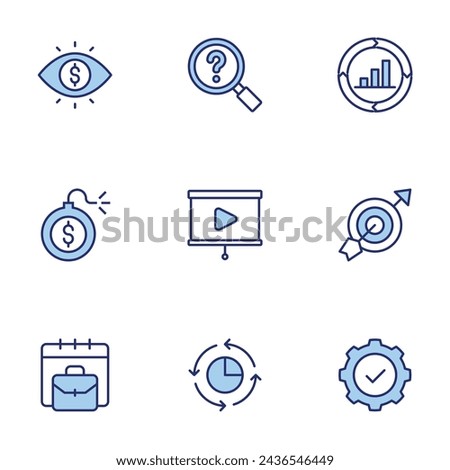 Business icon set. Duo tone icon collection. Editable stroke. Vector illustration. goal, gear, improvement, briefcase, eye, debt, problem solving, presentation, pie chart.