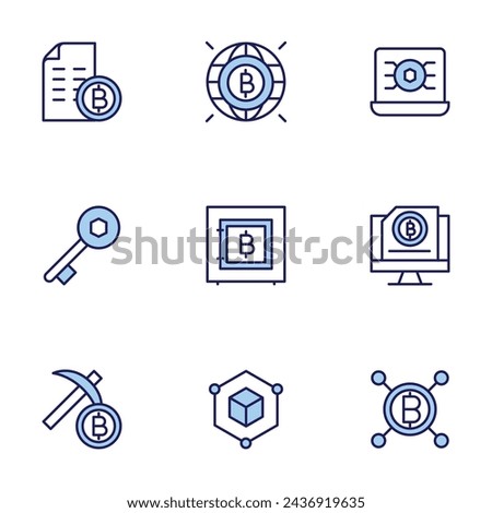 Blockchain icon set. Duo tone icon collection. Editable stroke. Vector illustration. blockchain, safe, bitcoin, laptop, mining, key, seed phrase.