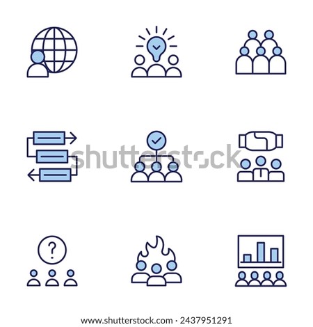 Teamwork icon set. Duo tone icon collection. Editable stroke. Vector illustration. workflow, world, question, teamwork, creative team, motivation, crowd, presentation, intermediary.