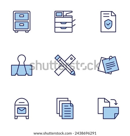 Office icon set. Duo tone icon collection. Editable stroke. Vector illustration. file, post office, filling cabinet, pencil, printer, paper clip, sticky note.