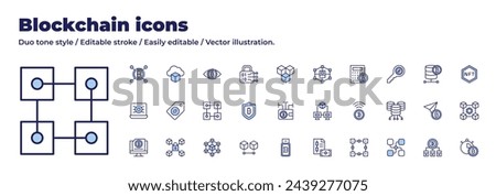 Blockchain icons collection. Duo tone style. Editable stroke. server, laptop, cryptocurrency, blockchain, wallet, lock, bitcoin, pen drive, price, timer, send.