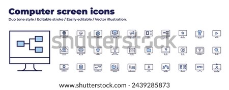 Computer screen icons collection. Duo tone style. Editable stroke. settings, share, reading mode, computer, tv, screen, search, loading, video call.