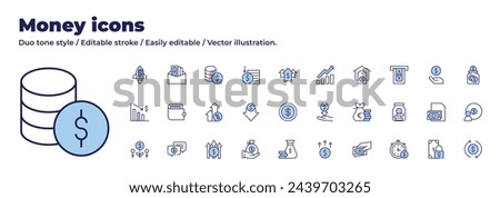 Money icons collection. Duo tone style. Editable stroke. money loss, support, low price, increase, arrows, money bag, money, salary, profit, investment, wallet, expense, jar, earnings, countdown.