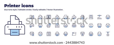 Printer icons collection. Duo tone style. Editable stroke, print, add, paperroll, cross, printing, printer.