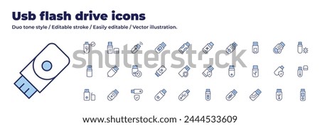 Usb flash drive icons collection. Duo tone style. Editable stroke, pendrive, wireless, usb, usbdrive, flashdisk, flashdrive, usbflashdrive.