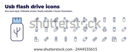 Usb flash drive icons collection. Duo tone style. Editable stroke, bitcoin, pendrive, usb, usbdrive, flashdisk, flashdrive, usbflashdrive.